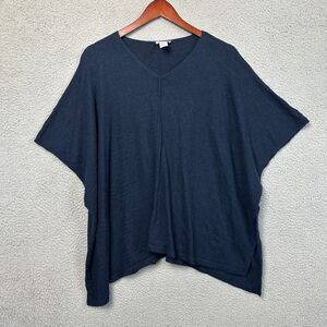 J Jill Poncho Sweater OS Cape Merino Wool Blend Pullover Blue Knit Soft Casual